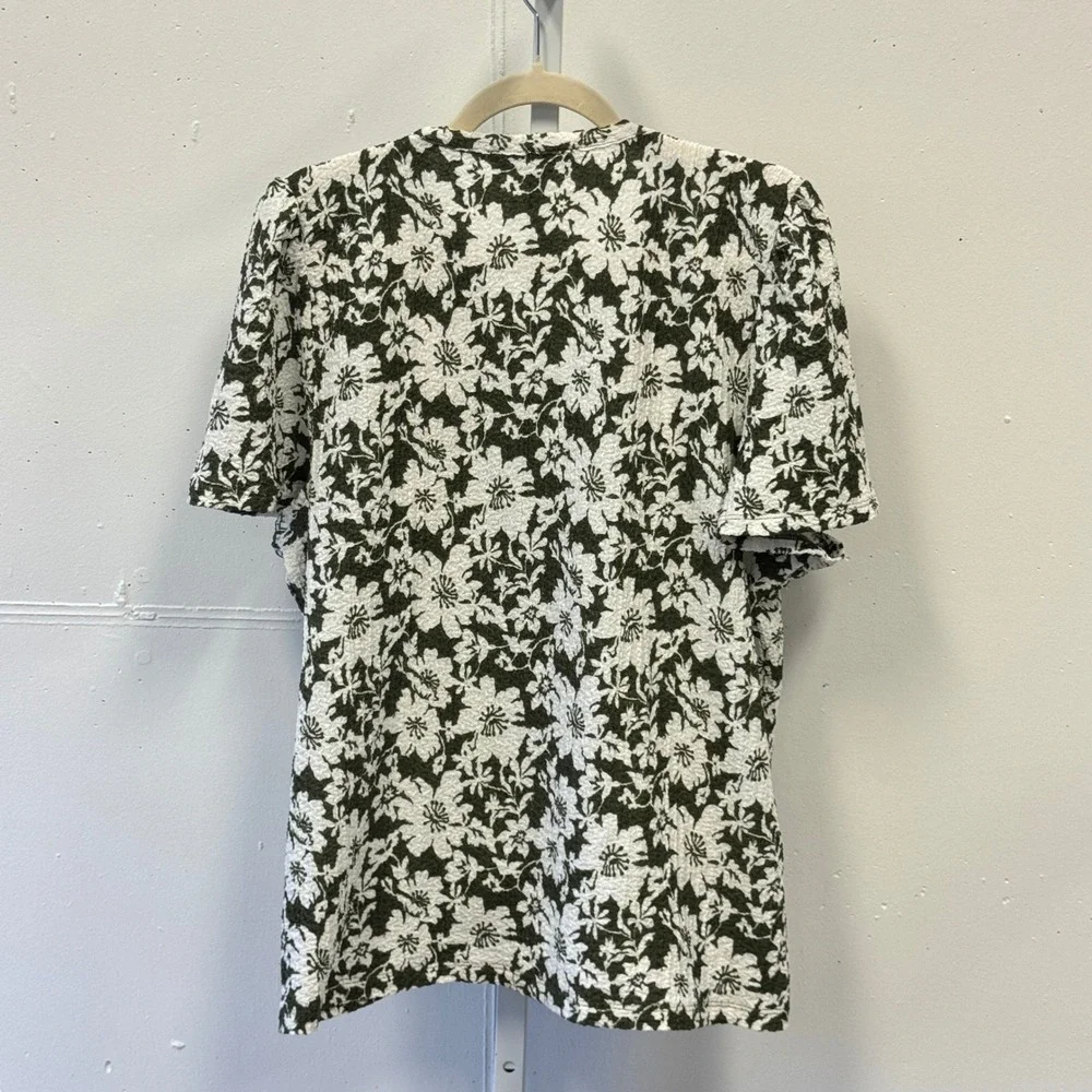 LOFT Olive Green White Floral Textured Tie Front Puff Sleeve Blouse XXL Boxy